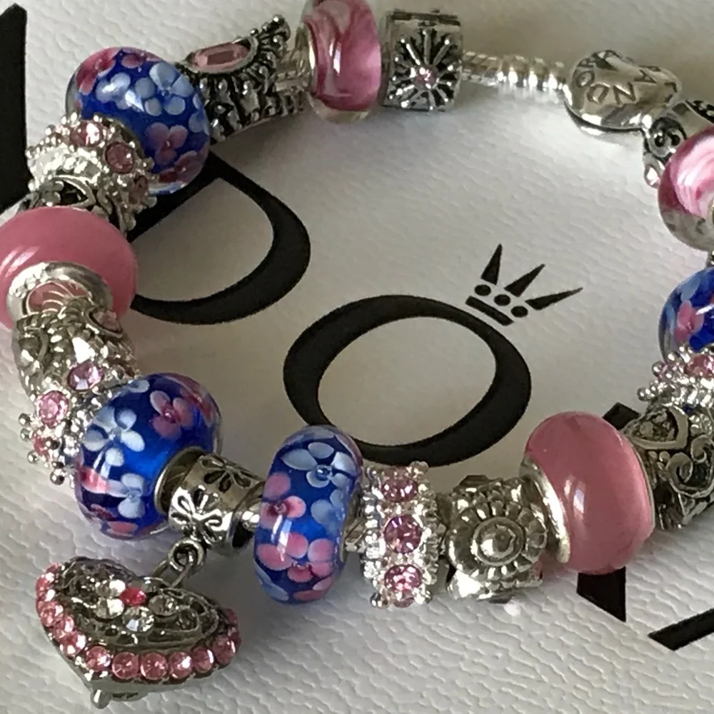 Authentic PANDORA Heart Clasp S925 Silver Bracelet with Murano Glass Beads 7.9" - Picture 5 of 16